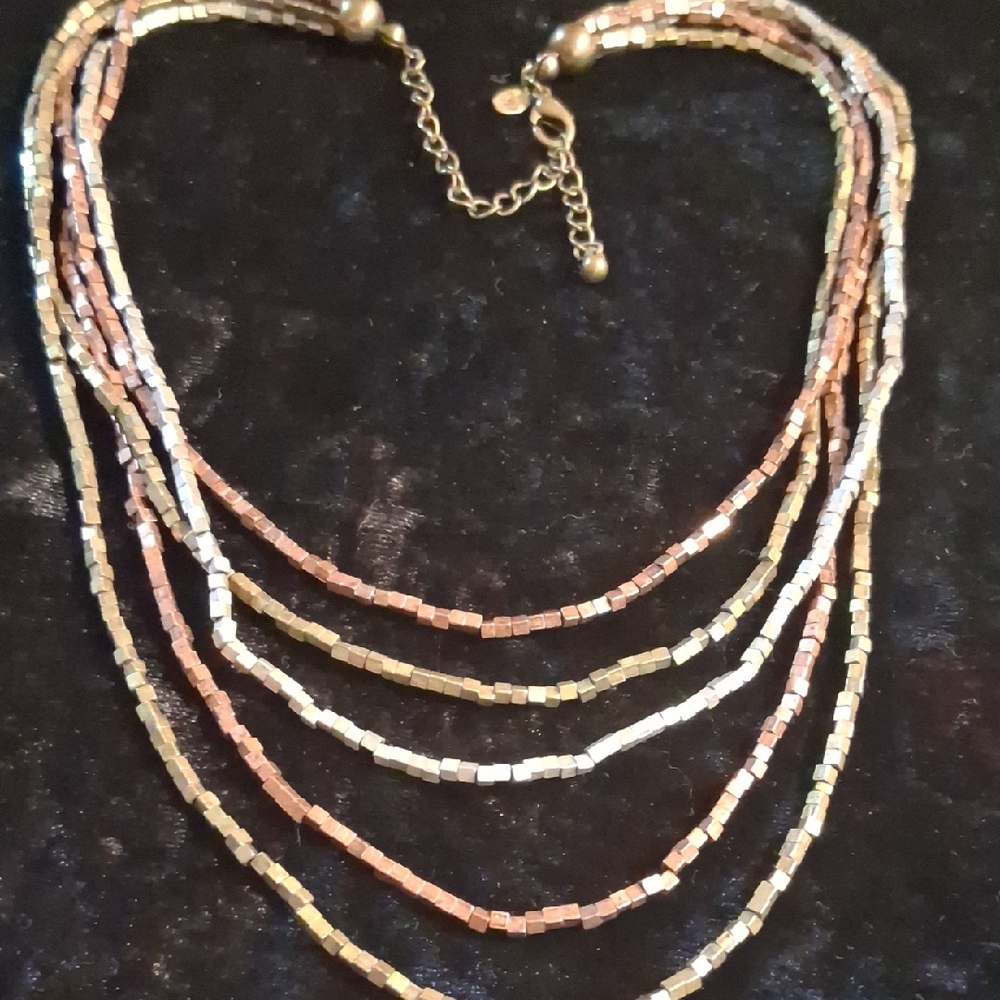 Premier Designs Gold, Copper & Silver Metal Beaded Layered Necklace.